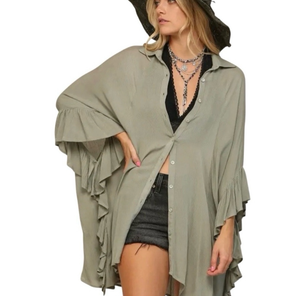 Light Sage Ruffle Button-Front Women's Top - Fashionable Layered Shirt